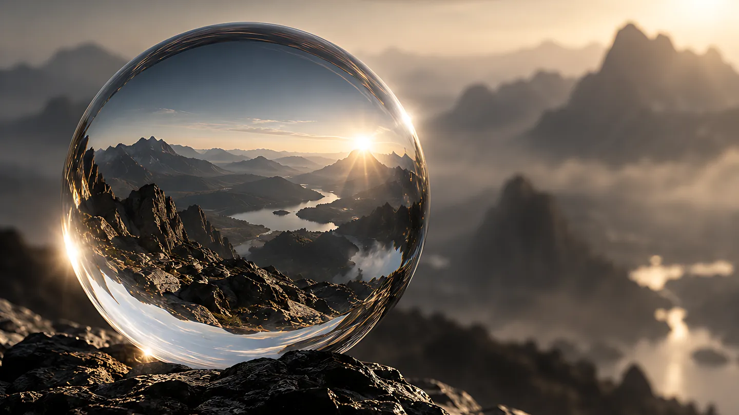 A glass sphere resting on dark rock above a valley of cloud, the mountains behind it caught upside-down inside the glass.