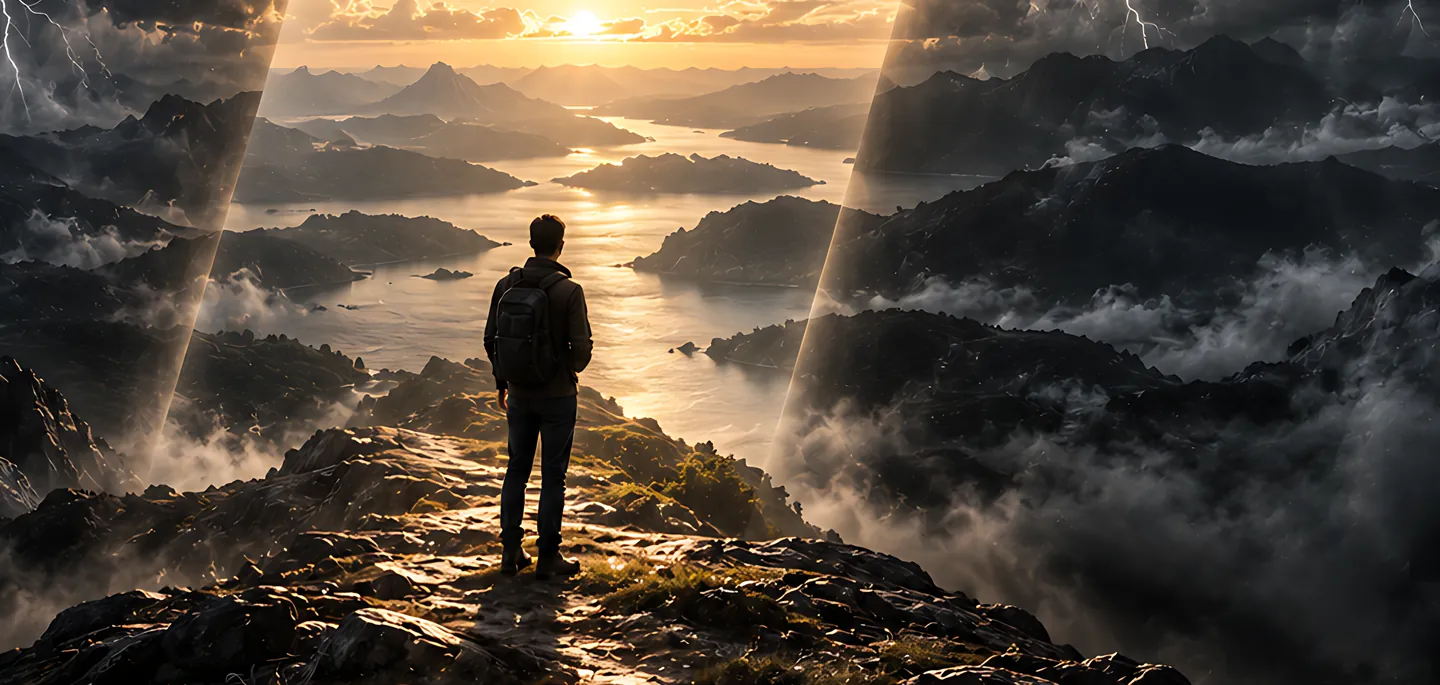 A hiker on a rocky ridge between two walls of storm cloud, looking through a gap of clear light toward a lake at sunset.