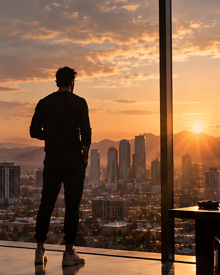 A man standing at a floor-to-ceiling window high above a city at sunrise.