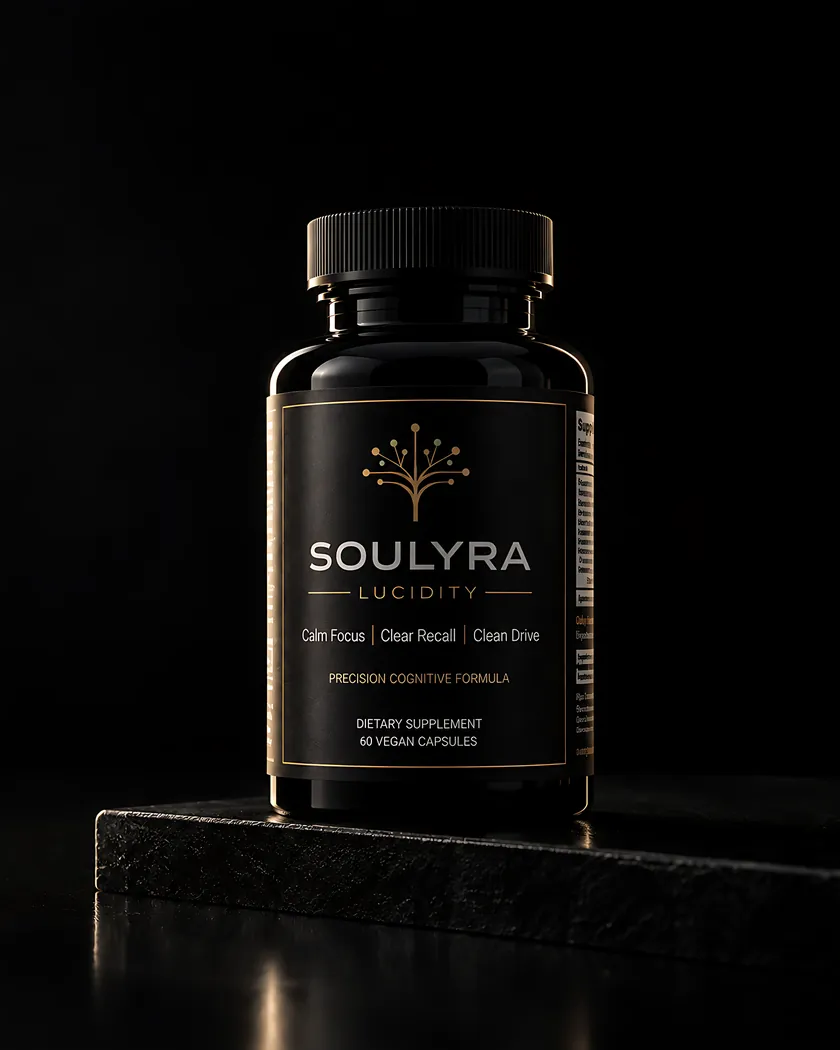Soulyra Lucidity on a black stone plinth against a black studio background, lit from one side.