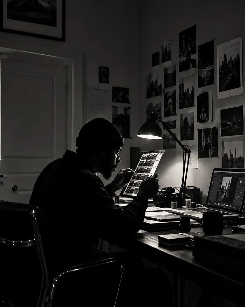 A photographer at a dim desk late at night, studying a strip of prints under a single lamp, walls covered in black-and-white photographs.
