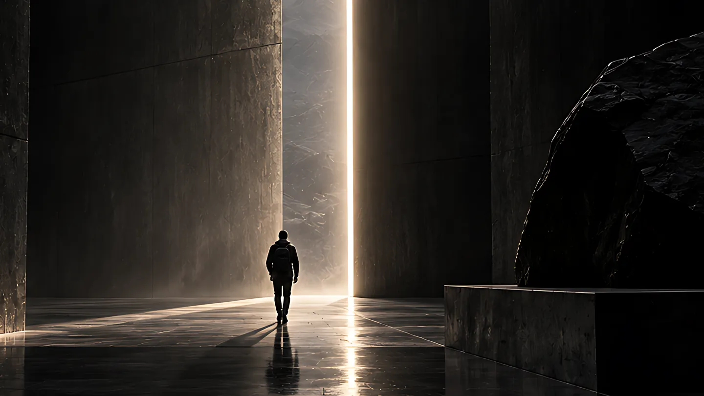 A single figure walking down a vast dark corridor of stone toward a narrow vertical seam of daylight.