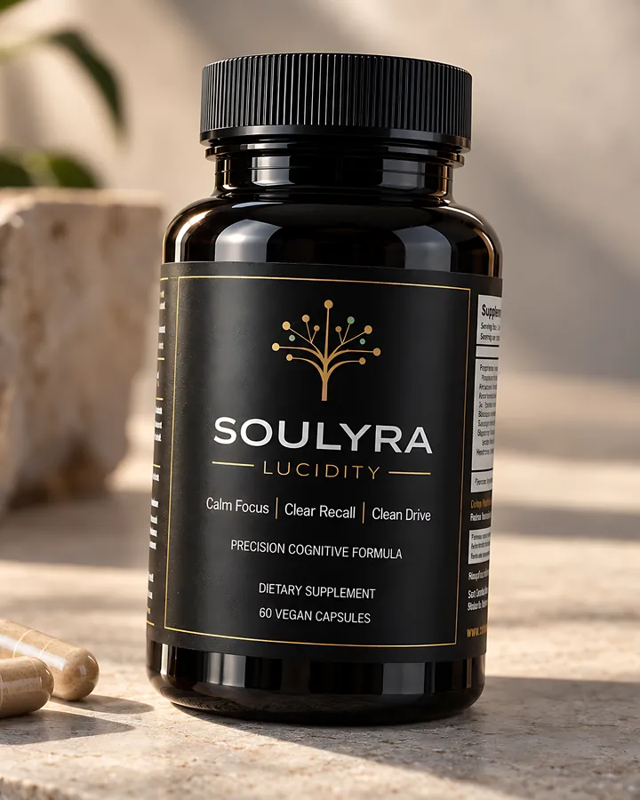 Soulyra Lucidity on pale stone in morning light, with loose vegan capsules in the foreground.
