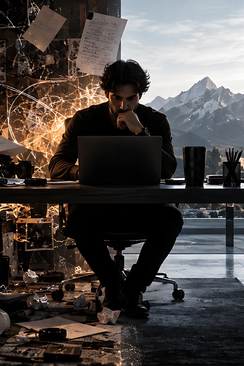 A man working at a laptop in a dark studio — papers and clutter storming around one side of the desk, a quiet window onto a mountain on the other.