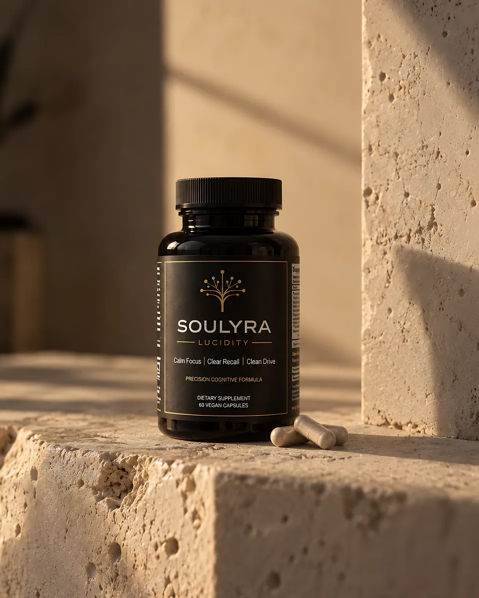 Soulyra Lucidity on a warm limestone ledge in low sun, two capsules beside the bottle.