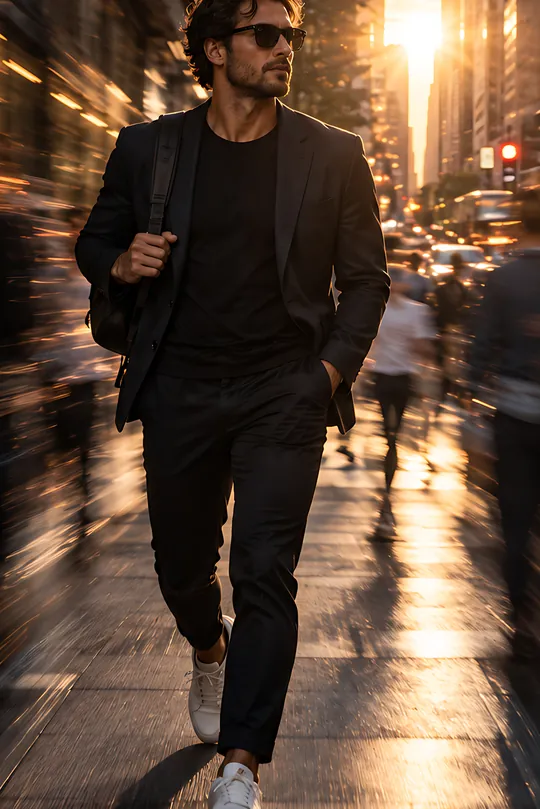 A man in a dark jacket striding down a crowded avenue, the city a blur of light around him.