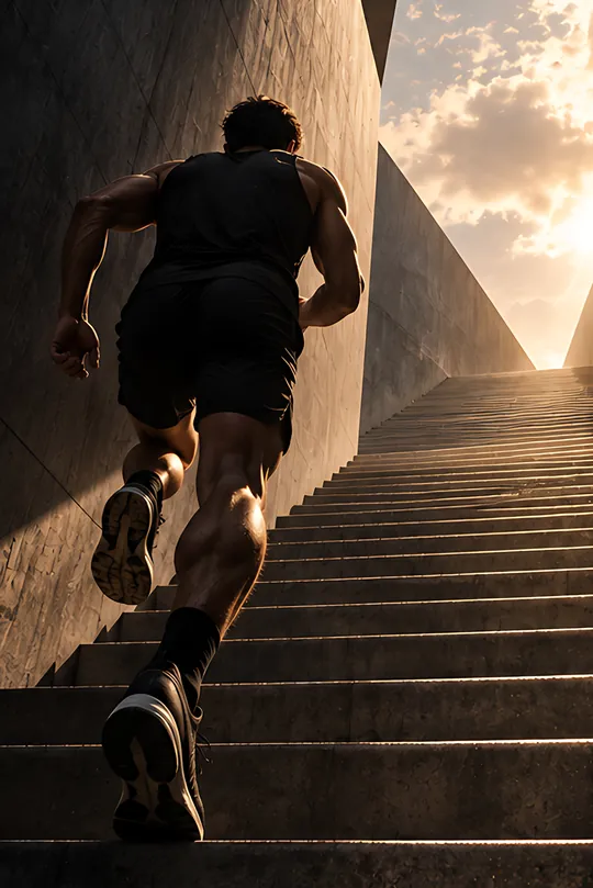 A runner taking a long concrete staircase two steps at a time toward a triangle of sky.
