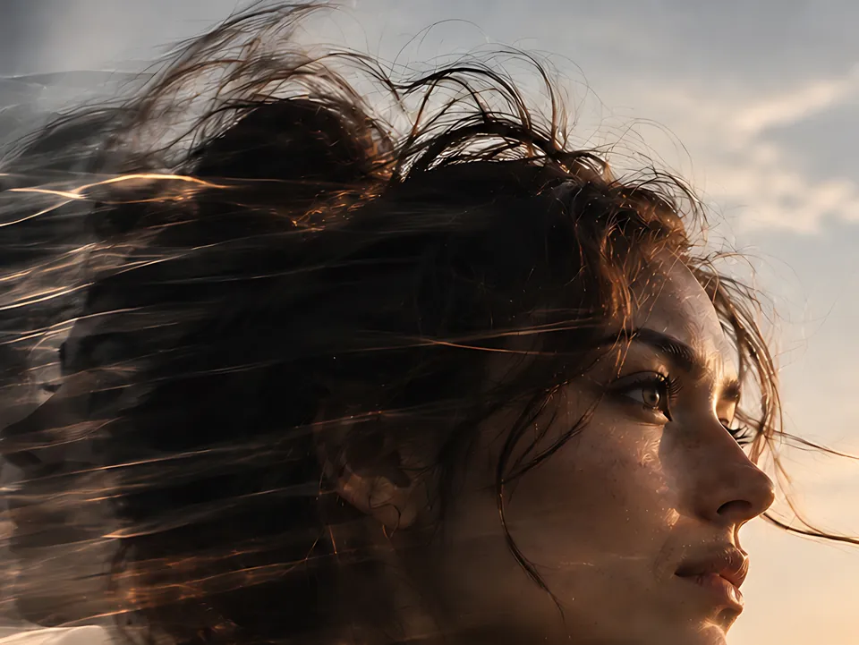 A woman in profile, her hair and shoulders streaked with motion blur, a city skyline glowing behind her.