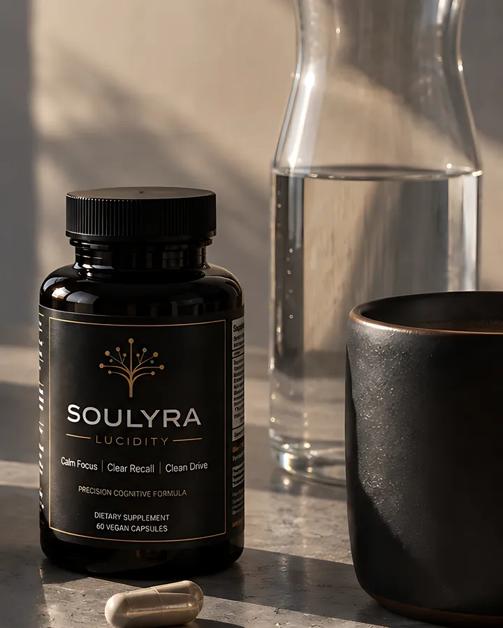 Soulyra Lucidity on a stone counter by a window in the morning, beside a carafe of water and a dark cup.