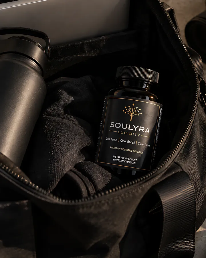 Soulyra Lucidity packed into an open black bag with a water bottle and a camera.