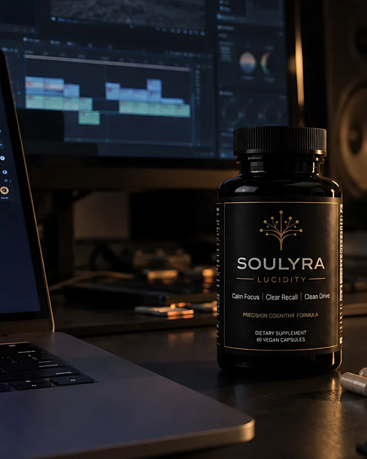 Soulyra Lucidity on a desk at night beside a laptop, an edit timeline open on the monitor behind it.