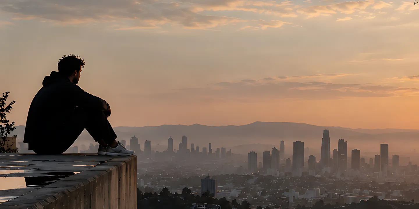 A lone figure sitting on the edge of a concrete rooftop at dusk, looking out over a city as the sun goes down.