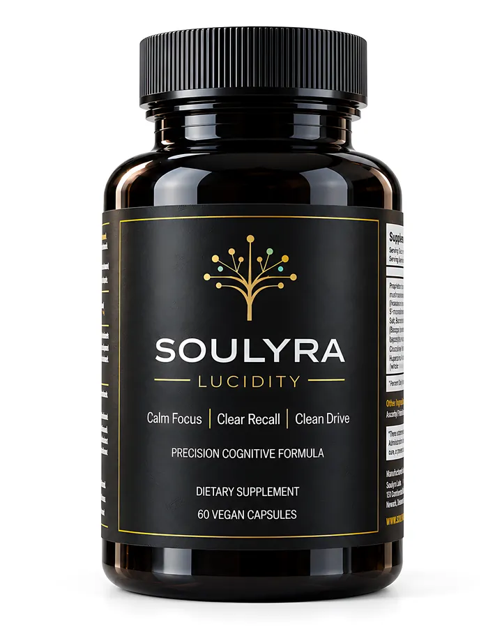 Soulyra Lucidity, front view on white: the black bottle with its gold tree mark and the words Calm Focus, Clear Recall, Clean Drive.
