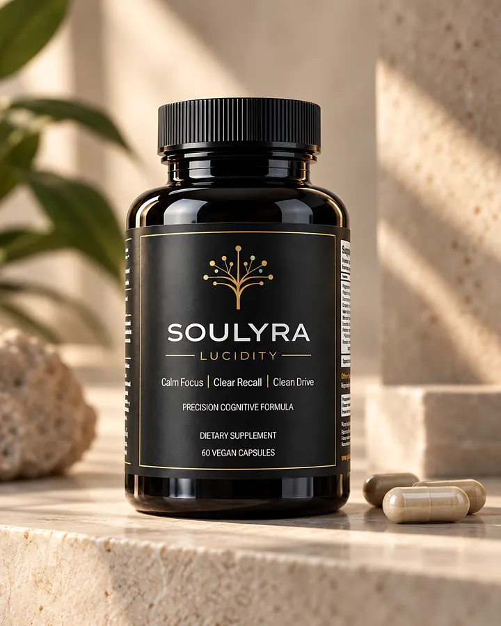 Soulyra Lucidity at three-quarters on warm stone with capsules, a plant and soft window light.