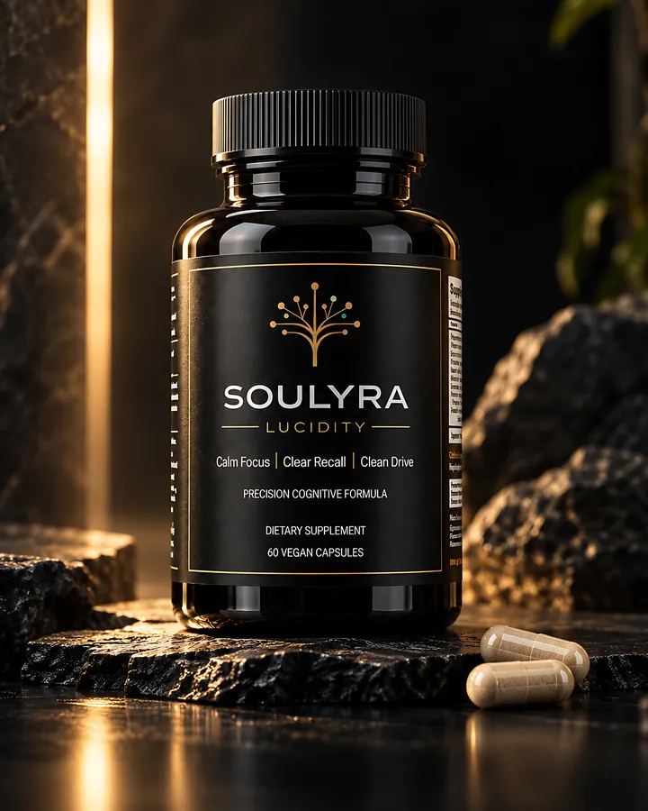 Soulyra Lucidity on dark stone beside two vegan capsules, a shaft of warm light behind it.