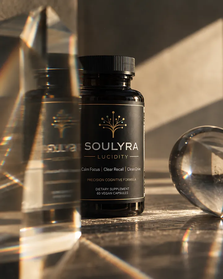 Soulyra Lucidity beside a block of optical glass that throws a refracted copy of the label across the table.