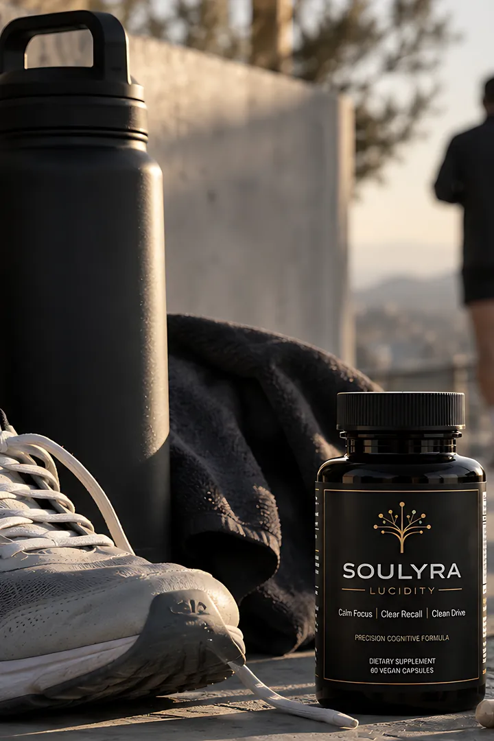 Soulyra Lucidity on a concrete ledge beside running shoes and a water bottle while a runner heads off toward the hills.