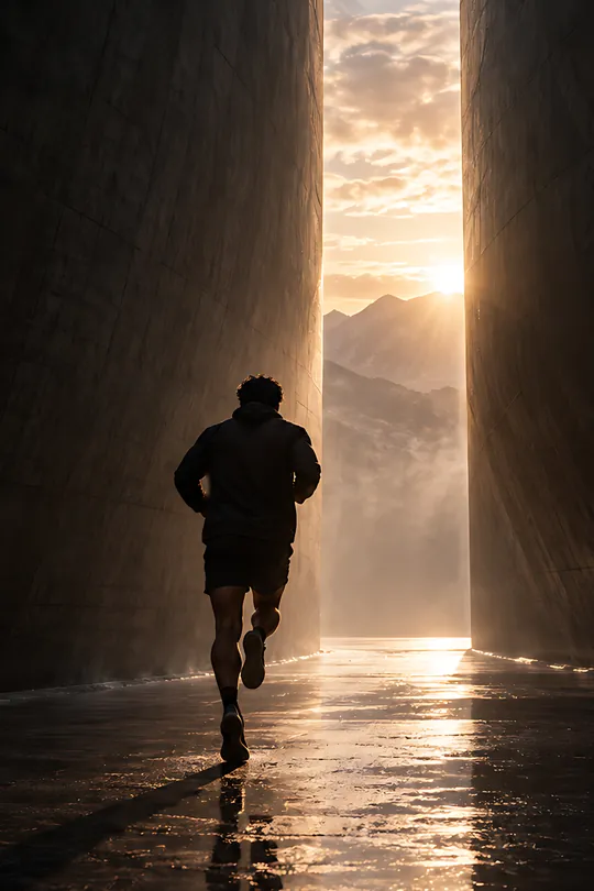 A runner heading out through a tall slot between two dark walls toward a band of morning light.