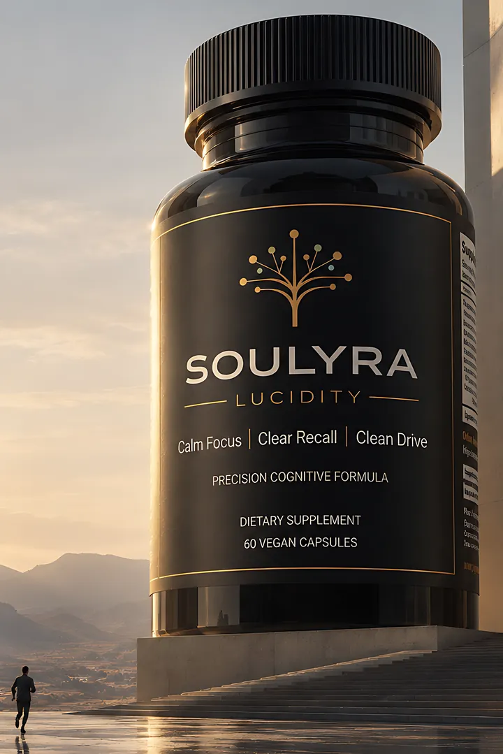 An architectural scale Soulyra Lucidity bottle standing like a monument in a plaza at dusk, tiny figures walking past its base.