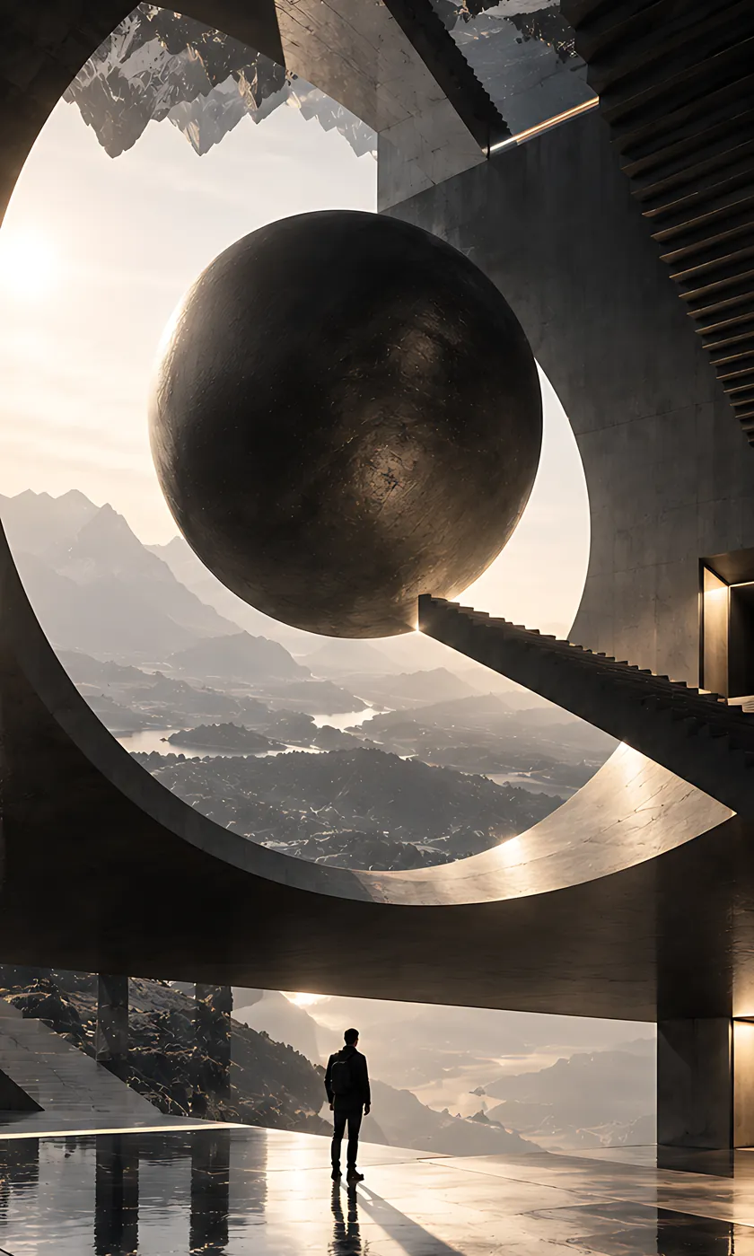 A huge dark sphere lodged inside a circular opening in a concrete building, a lone figure standing on the wet plaza below.