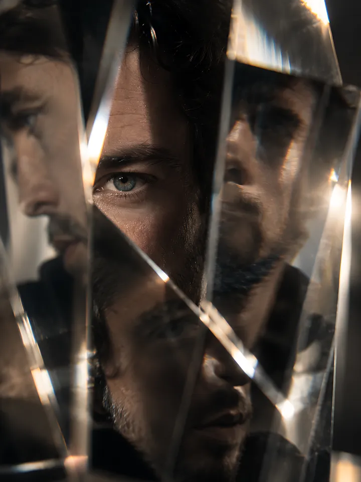 A man’s face seen through shards of broken glass, each fragment holding a slightly different angle of him.