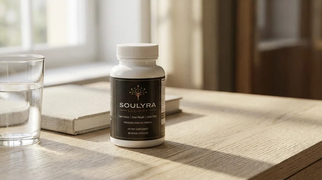 Soulyra Lucidity standing on a pale oak desk in morning daylight beside a glass of water and a closed notebook.